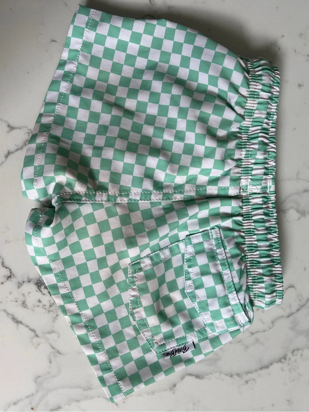 Kids Mint Green & White Checker Swim Trunks with Logo
